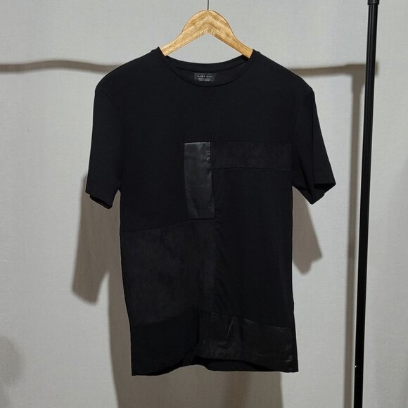 Zara Man black t-shirt short sleeved top with faux leather patches size small - Picture 1 of 10